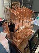 COPPER TONED OFFICE DESK SET INCLUDING FILE ORGANIZER, PEN HOLDERS, STAPLER, TAPE DISPENSER AND VARIOUS CLIPS
