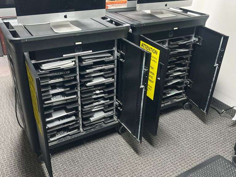 ERGOTRON HP 20 NOTEBOOK CHARGING CART HSTNN-ECO2 110/110/120V~,12A, 50/60HZ EACH PACKED FULL OF MACBOOKS IN SOME PROCESS OF REPAIR