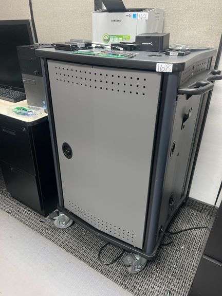 SPECTRUM INDUSTRIES LT15 LAPTOP CART 55209IDBW 15-SLIDE OUT DRAWERS WITH DUAL SIDED DOORS APROX 26"x2'x44" ON WHEELS W/ BRAKES