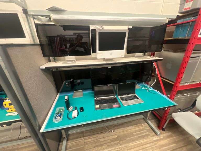 PHOENIX WORKSTATIONS 2-TIER WORKBENCH WITH ANTI STATIC MAT AND GROUNDING SPOT.. ELECTRONIC HEIGHT ADJUSTMENT AND EXTENSION STRIP MOUNTED APPROX 6' x 32" x 7'