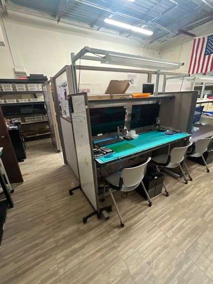 PHOENIX WORKSTATIONS 2-TIER WORKBENCH WITH ANTI STATIC MAT AND GROUNDING SPOT.. ELECTRONIC HEIGHT ADJUSTMENT AND EXTENSION STRIP MOUNTED APPROX 6' x 32" x 7'