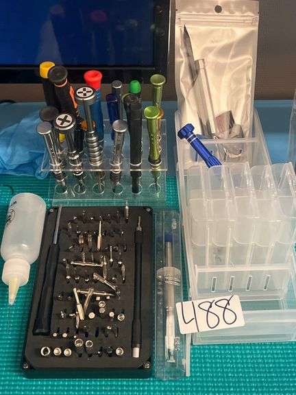 ELECTRONICS REPAIR TOOLS AND HARDWARE INCLUDING SMALL PARTS ORGANIZERS SOME WITH HARDWARE, SPECIALTY PRECISION DRIVERS, BITS, ETC
