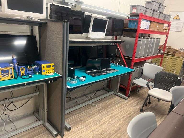 PHOENIX WORKSTATIONS 2-TIER WORKBENCH WITH ANTI STATIC MAT AND GROUNDING SPOT.. ELECTRONIC HEIGHT ADJUSTMENT AND EXTENSION STRIP MOUNTED APPROX 6' x 32" x 7'
