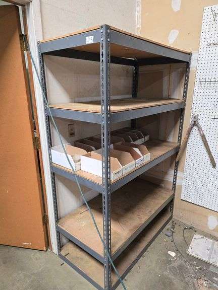 DROP IN METAL SHELVING UNIT WITH 5-PRESSED WOOD SHELVES APROX 4'x2'x6' **SEE AUCTION DETAILS FOR PICKUP TIME