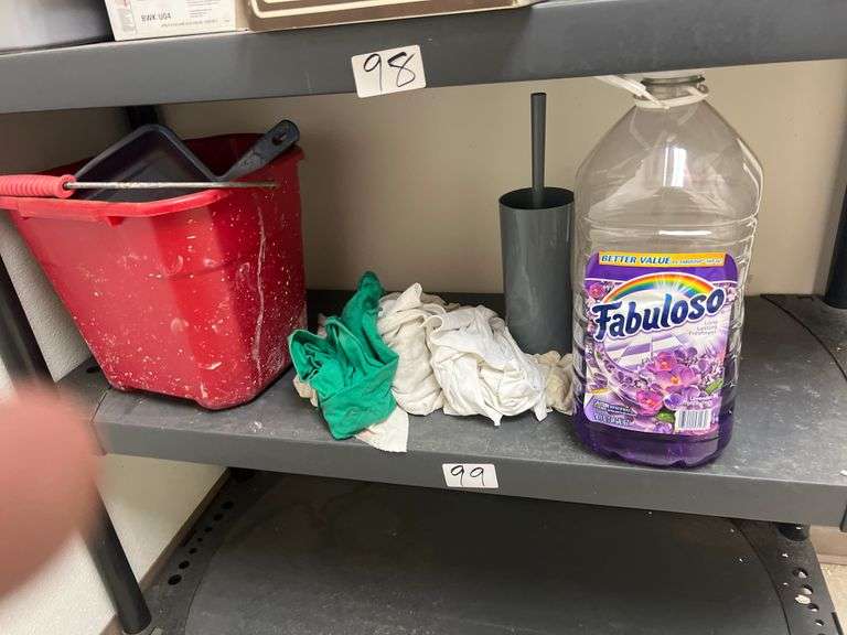 CLEANING SUPPLIES INCLUDING MOP BUCKET, FABULOSO, CLEANING RAGS, TOILET SCRUBBER, ECT