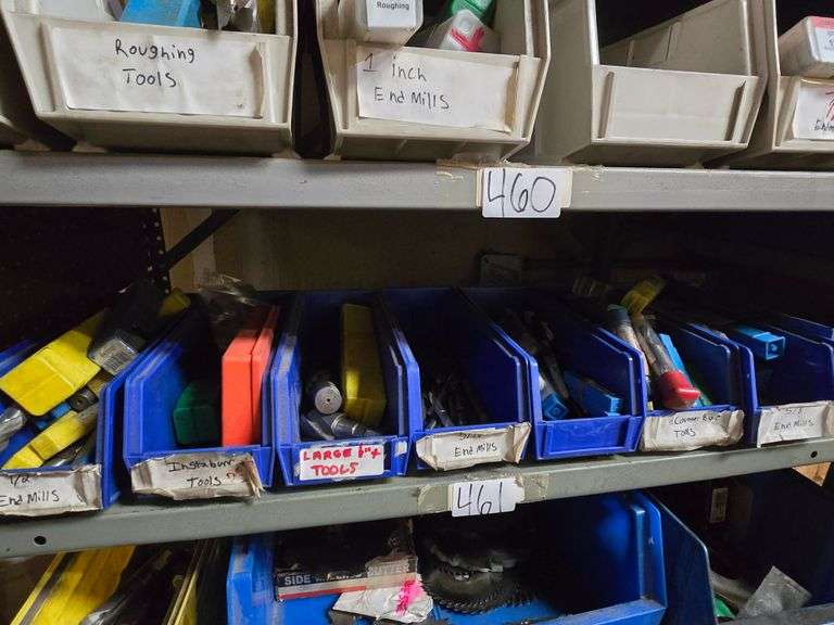 VARIOUS END MILLS INCLUDING COUNTER BORE , 5/8" GWO 312306 , 1/2" , INSTABURR TOOLS, SOME 6"+ ECT SORTED IN ORGANIZERS