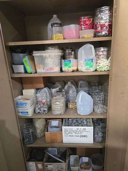 METAL STORAGE CABINET WITH 2-DOORS AND 5-INNER SHELVES FULL OF MARKING SUPPLIES APROX 3'x18"x78"