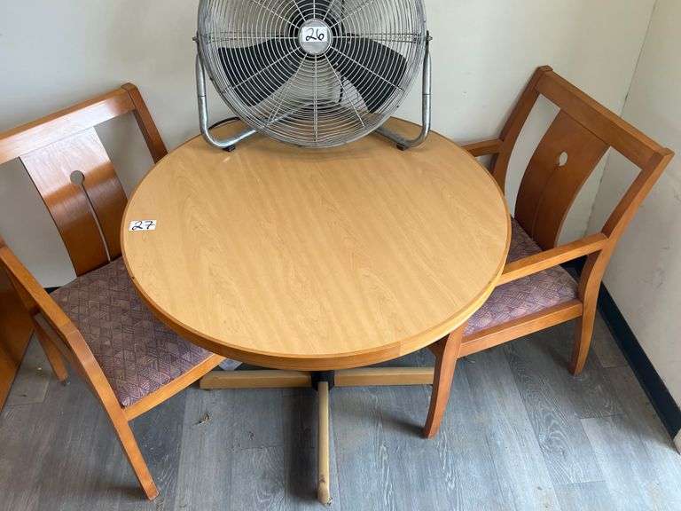 WOODEN ROUND TABLE APROX 3'DIA x 29" WITH (2) MATCHING WOODEN CHAIRS WITH RED FABRIC BOTTOM CUSHION