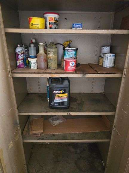 METAL STORAGE CABINET WITH 2-DOORS AND 6- SHELVES WITH PAINTING SUPPLIES APROX 3'x18"x78"