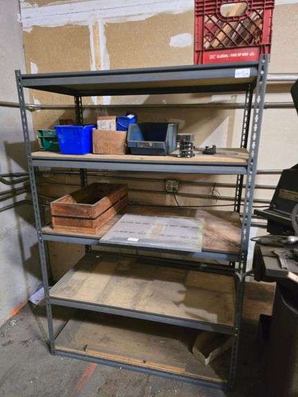 METAL DROP IN STYLE SHELVING UNIT WITH 5-PRESSED WOOD SHELVES APROX 4'x2'x6'