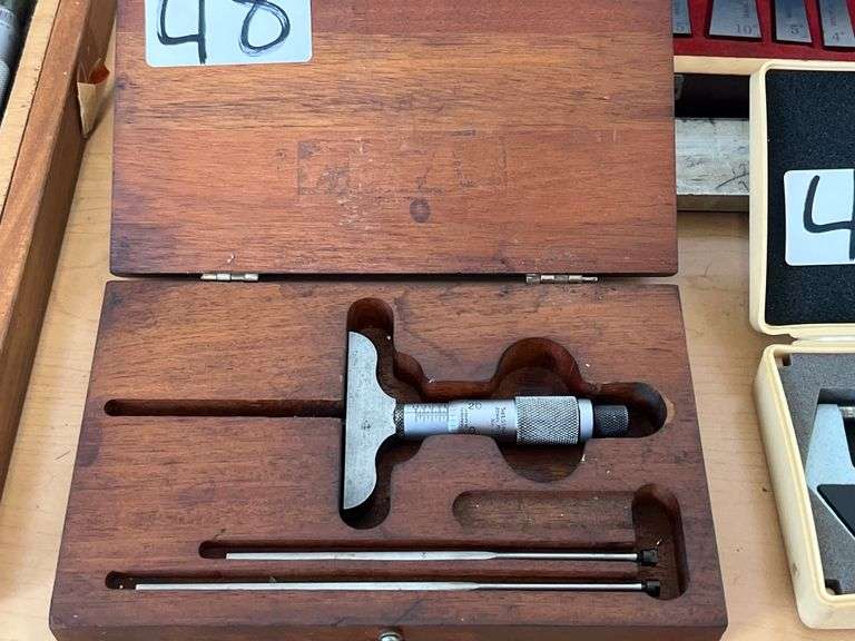 STARRETT 449 WITH ATTACHMENTS IN WOODEN CASE MICROMETER DEPTH GAGE