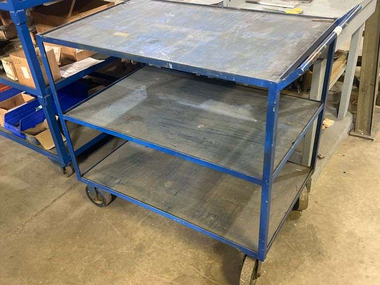 BLUE METAL WAREHOUSE CART APROX 44" x 26" x 39" WITH 3-WOODEN SHELVES