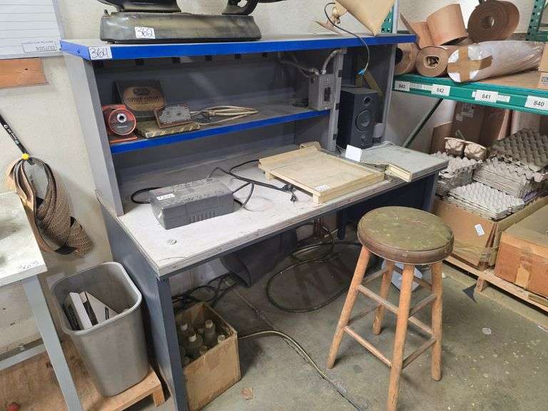 ELECTRICAL WORKBENCH WITH HEAVY DUTY SURGE PROTECTOR AND BUILT IN CIRCUIT BREAKER 9-OUTLET APROX 5'x29"x54"  WITH WOODEN PADDED STOOL INCLD.
