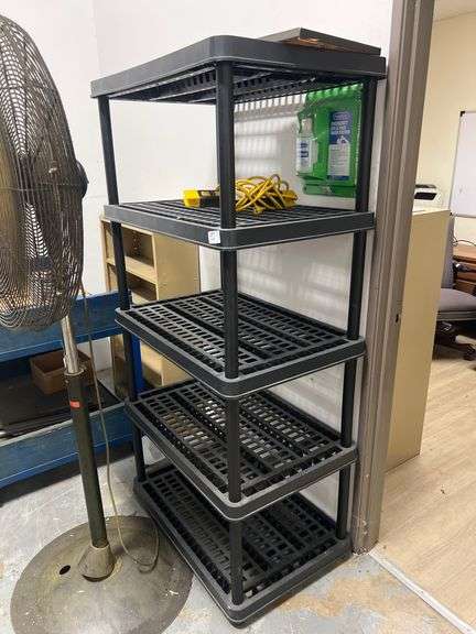 BLACK PLASTIC SHELVING UNIT WITH 5-SHELVES APROX 3'x2'x6'