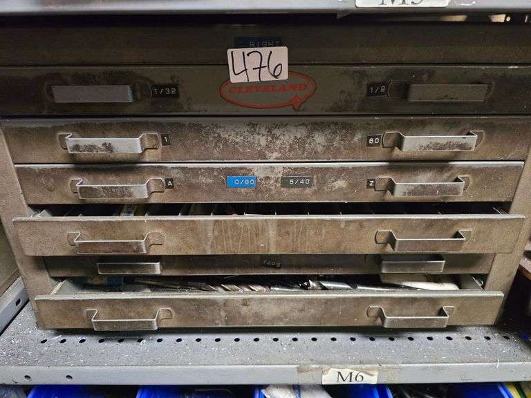 CLEVLAND 6-DRAWER ORGANIZER FULL OF SORTED MM DRILL BITS APROX 25"x17"x14"
