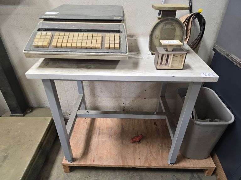 METAL WORK BENCH APROX 30"x2'x29" WITH WOODEN PEDESTAL INCLD.