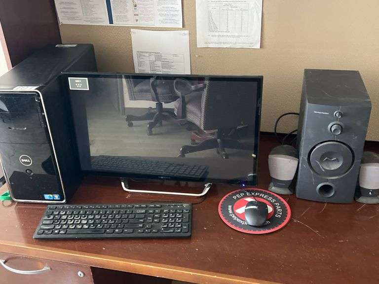 DELL INSPIRON COMPUTER WITH SAMSUNG MONITOR USB KEYBOARD AND MOUSE, ALL NEEDED POWER CABLES, AND HARMAN KARDON SOUND SYSTEM