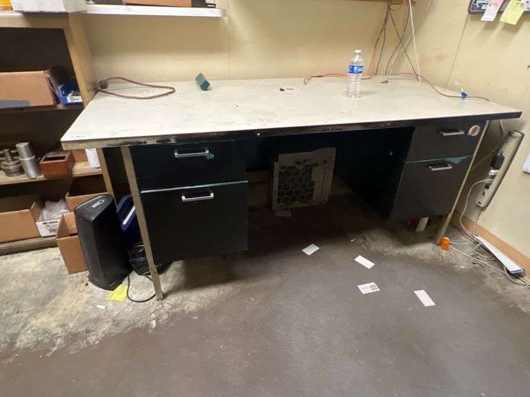 METAL 4-DRAWER OFFICE DESK APROX 6'x3'x29" FULL OF VARIOUS SUPPLIES INCLUDING MILLING ATTACHMENTS AND OFFICE SUPPLIES
