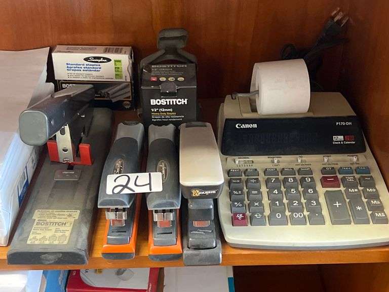 OFFICE SUPPLIES INCLUDING BOSTITCH ANTIMICROBIAL HEAVY DUTY STAPLER B310HDS ; CANON P170-DH 12-DIGIT 2-COLOR ADDING MACHINE , STAPLES, ECT