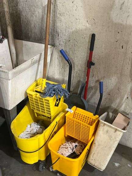 CLEANING SUPPLIES INCLUDING ROLLING MOP BUCKETS, MOP, DUST BINS AND SINGLE TRASH BIN