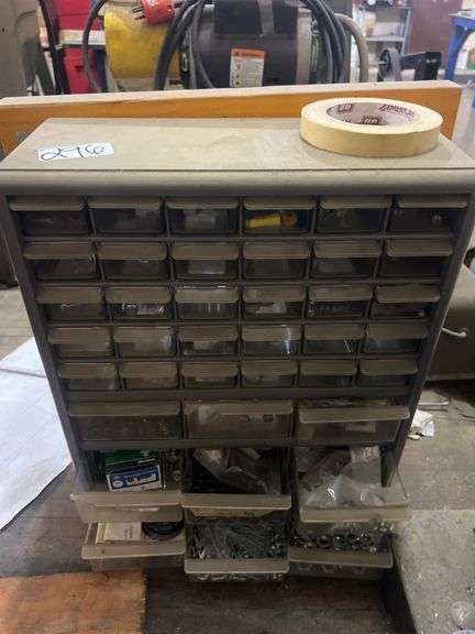 PLASTIC SMALL PARTS ORGANIZER 39-DRAWER APROX 15"x6"x19"  FULL OF SMALL HARDWARE
