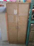 METAL STORAGE CABINET WITH 2-DOORS AND 6- SHELVES WITH PAINTING SUPPLIES APROX 3'x18"x78"