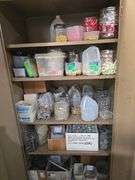 METAL STORAGE CABINET WITH 2-DOORS AND 5-INNER SHELVES FULL OF MARKING SUPPLIES APROX 3'x18"x78"