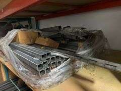 FERROUS METAL SQUARE BEAMS AND LONG HEAVY DUTY HINGES VARIOUS LENGTHS, MOST BEAMS ARE 1.5" SQ.