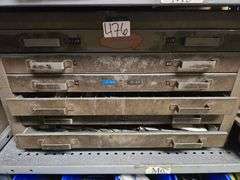 CLEVLAND 6-DRAWER ORGANIZER FULL OF SORTED MM DRILL BITS APROX 25"x17"x14"