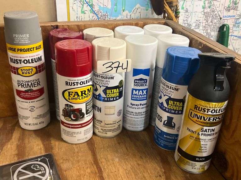 SPRAY PAINT INCLUDING GLOSS WHITE, FARM & IMPLEMENT INTERNATIONAL HARVESTER RED, AUTOMOTIVE PRIMER SATIN BLACK ECT