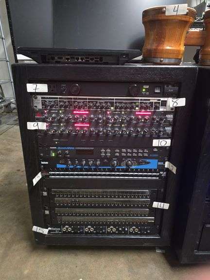 WOODEN AUDIO EQUIPMENT SERVER RACK ON WHEELS EACH APROX 22"x 18"x28" *Contents not included