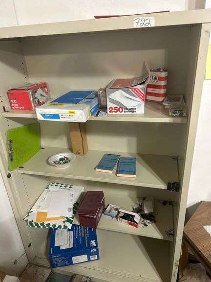 Metal shelving unit with 3 adjustable shelves aprox 3'x15"x55" contents included
