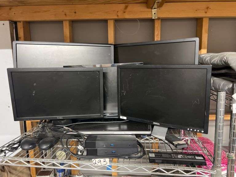 COMPUTER ELECTRONICS INCLUDING VARIOUS MONITORS, SOME WITH SPEAKER BAR ATTACHES, USB MOUSES, DELL DOCKING STATIONS ECT