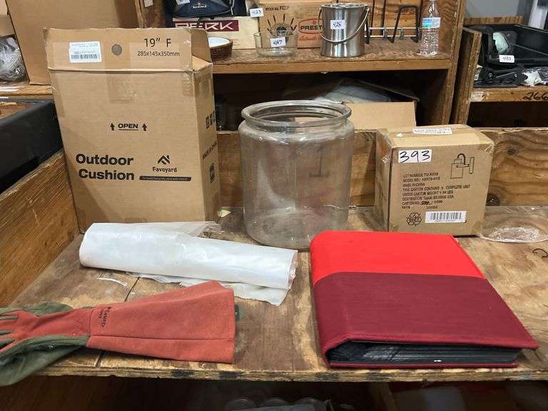 HOME GOODS SUCH AS OUT DOOR LIGHT, OUTDOOR CUSHION, PLASTIC FLOOR COVER, PHOTO ALBUM, SALMON SIZE 12.5 WATERPROOF SHOES, WEST COUNTRY WOMEN'S GARDENING GLOVES ECT