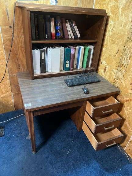Vintage three drawer wooden desk with bookshelf