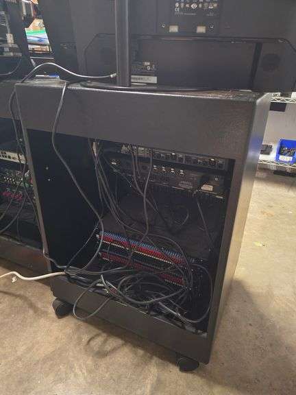 WOODEN AUDIO EQUIPMENT SERVER RACK ON WHEELS EACH APROX 22"x 18"x28" *Contents not included