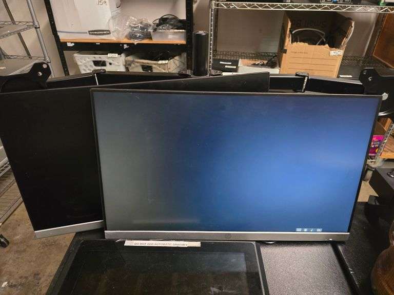 HP 24MH 23.8" DISPLAY SCREENS MODEL HSD-0044-K BOTH WITH POWER CABLE, AND DUAL MONITOR STAND INCLD. BOTH POWER ON, ONE NEEDS SCREEN REPAIR SOLD PER SCREEN