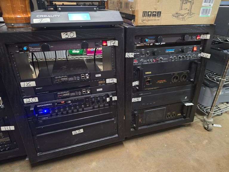 WOODEN AUDIO EQUIPMENT SERVER RACK ON WHEELS EACH APROX 22"x 18"x28" *one needs single wheel repair contents not included
