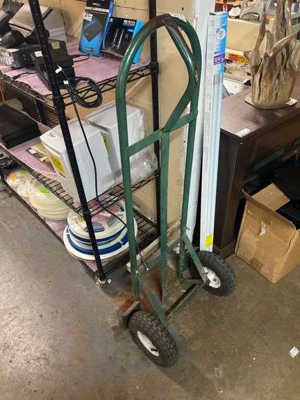 GREEN METAL 2-WHEEL DOLLY APROX 4'H