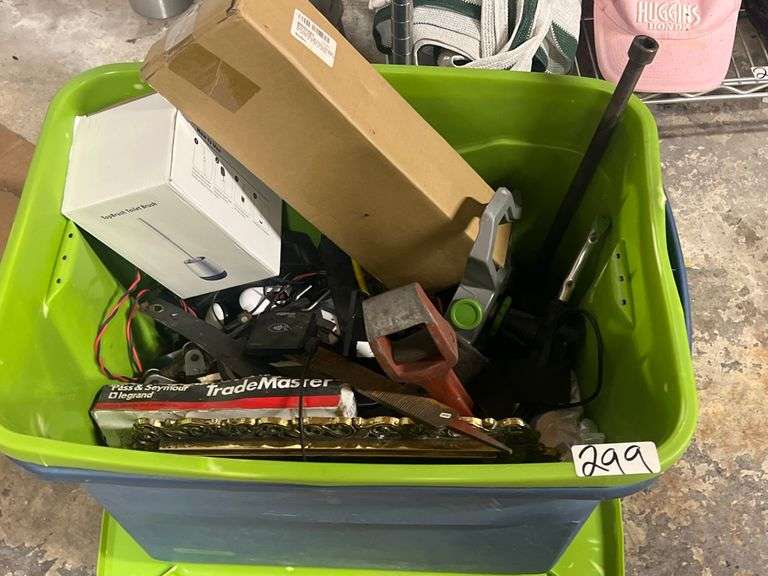 LOT INCLUDING TOILET BOWL SCRUBBER, LCD MONITOR MOUNT, ANTIQUE APPEARING PHOTO FRAME, SPRINKLER HEAD, INDUSTRIAL TOOLS AND HARDWARE, ELECTRONICS ECT ALL IN PLASTIC BIN WITH LID