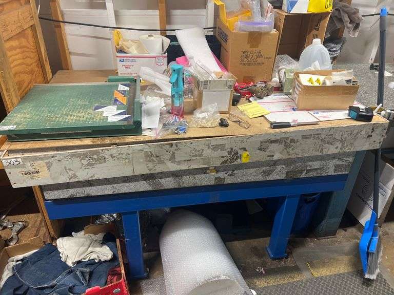 GRANITE TOPPED HEAVY DUTY WORK BENCH ON SOLID METAL BENCH APROX 6'x30"x3'  WITH 10.5" THICK TOP