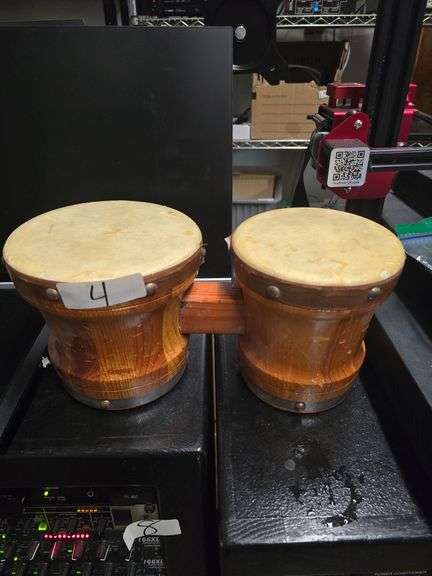 VINTAGE WOODEN BONGO DRUMS WITH NATURAL WOOD GRAIN & GENUINE HIDE DRUM HEADS