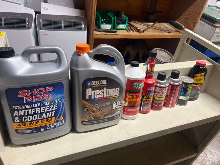 CONTENTS OF SHELF INCLUDING VARIOUS AUTO CHEMICALS