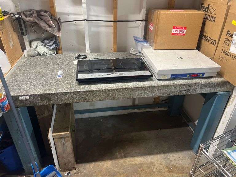 GRANITE SOLID 4.5" THICK SLAB ON SOLID METAL BENCH APROX 62"x37"x37" TOTAL DIMENSIONS