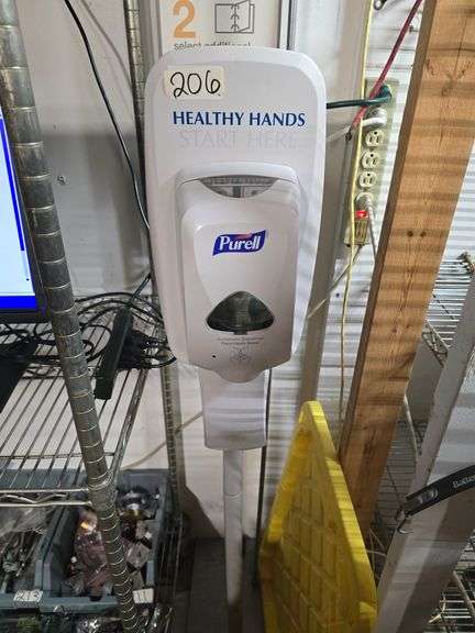 COMMERCIAL STANDS INCLUDING PURELL AUTOMATIC HAND SANITIZER DISPENSER AND SELD SERVICE METAL SIGN
