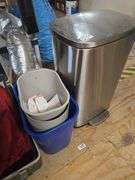STAINLESS STEEL TRASHBIN WITH FOOT PEDAL OPERATED LID & SMALLER PLASTIC WASTE BINS
