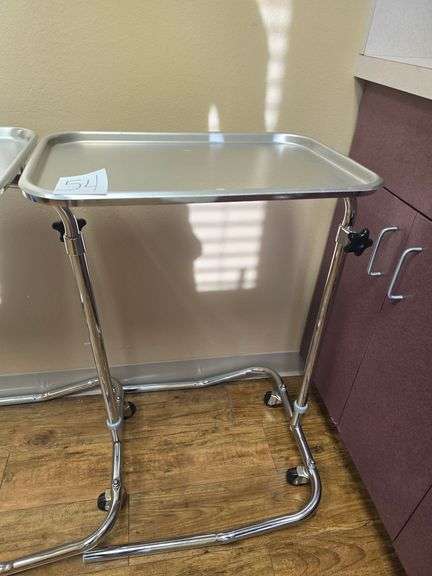 MEDICAL OFFICE TRAY APROX 19"x13"x32"min height  WITH ADJUSTABLE HEIGHT AND TOP ANGLE ON 2-WHEEELS