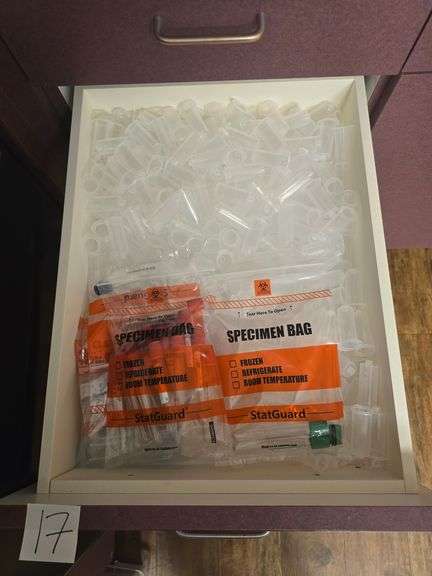 CONTENTS OF DRAWER INCLUDE BIOHAZARD BAGS & COLLECTION TUBES ; AND CLEAR COLLECTION TUBES