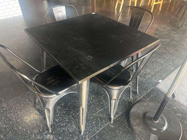 BLACK METAL 3'sq.x30"H TABLE WITH 4-MATCHING CHAIRS
