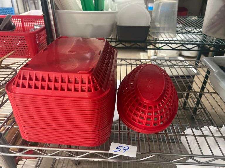 TABLECRAFT RED PLASTIC SERVING BASKETS INCLUDING NO. 1077 RECTANGLE AND 1074 OVAL
